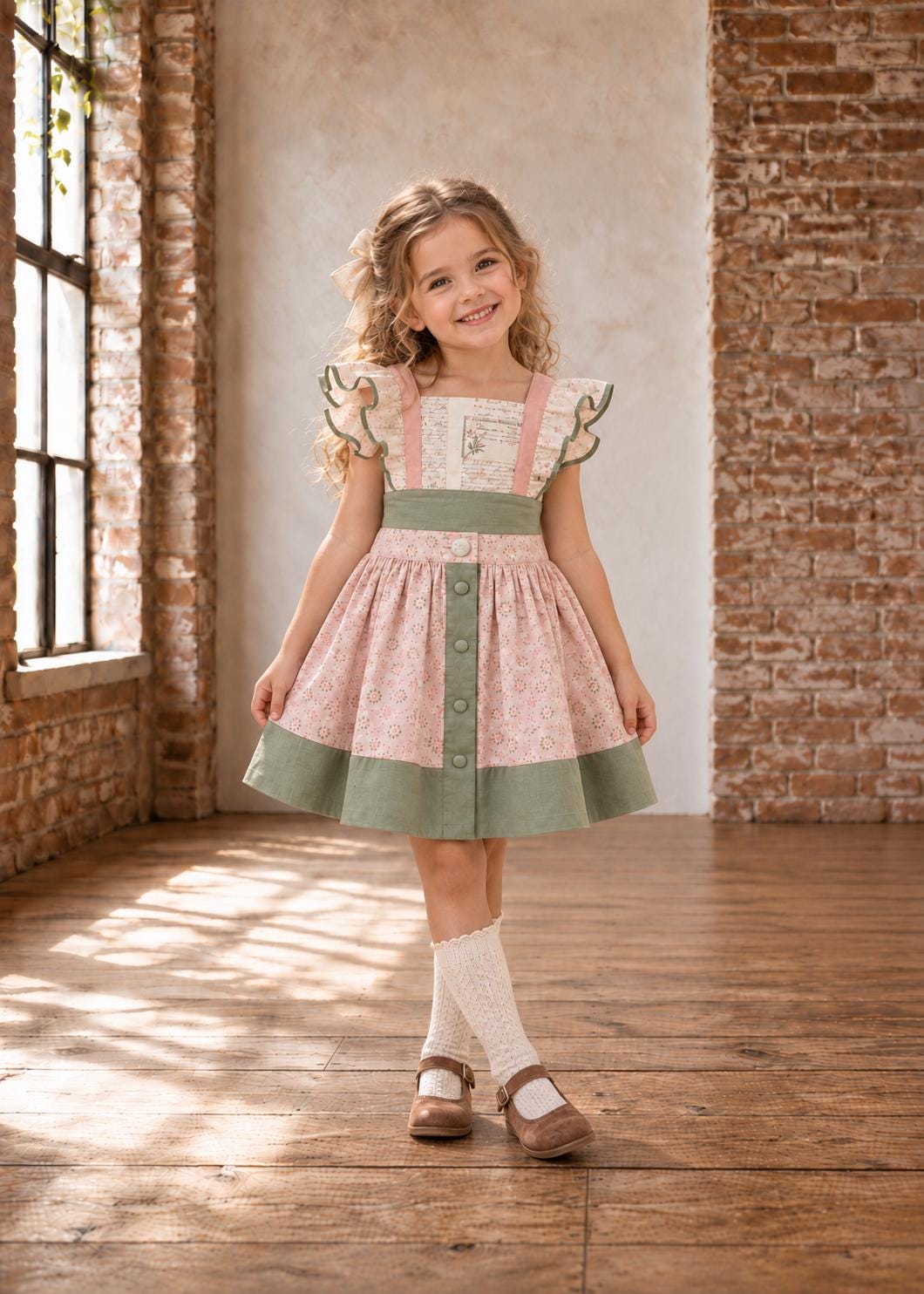 Frocks & Frolics Betsy skirt sewing pattern – pink floral button-front skirt with sage hem