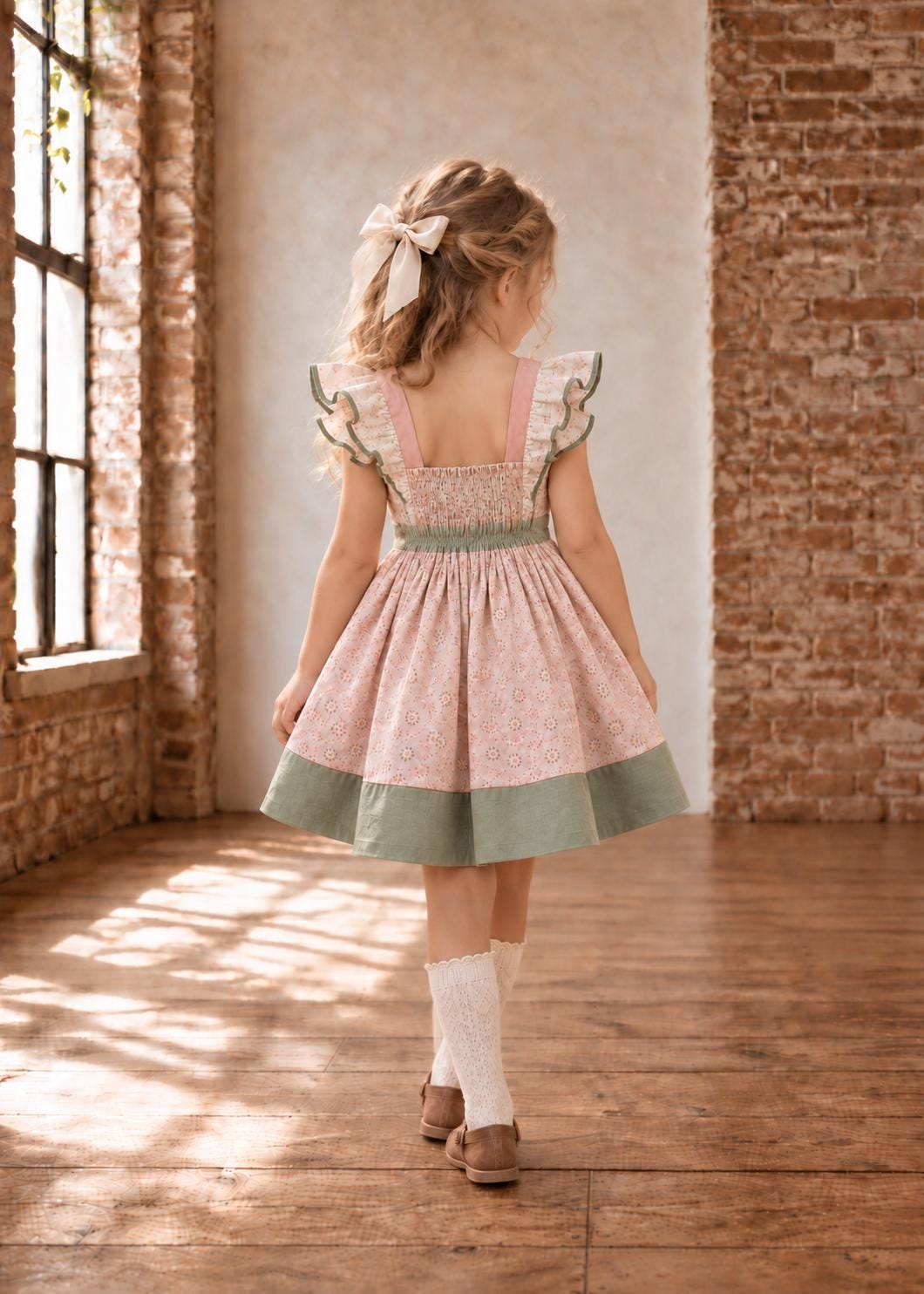 Frocks & Frolics Betsy skirt sewing pattern – back view of floral outfit with sage green hem