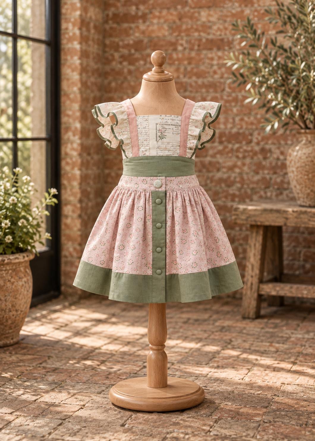 Frocks & Frolics Betsy skirt sewing pattern – button-front skirt with script print bodice, on a dress form