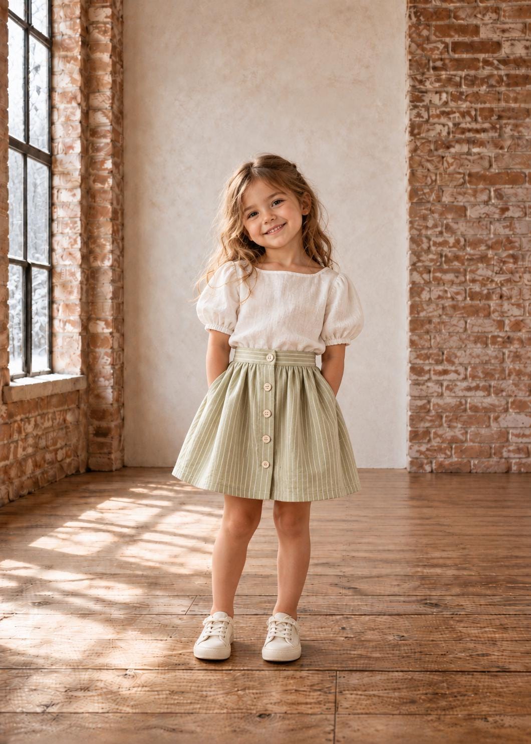Frocks & Frolics Betsy skirt sewing pattern – sage pinstripe button-front skirt with white sneakers