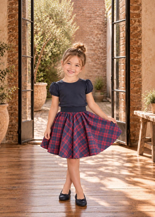 Frocks & Frolics Caitlin circle skirt sewing pattern – red and navy plaid skirt with navy puff sleeve top
