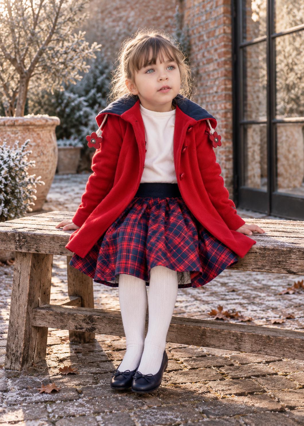 Frocks & Frolics Caitlin circle skirt sewing pattern – plaid skirt worn with red hooded coat