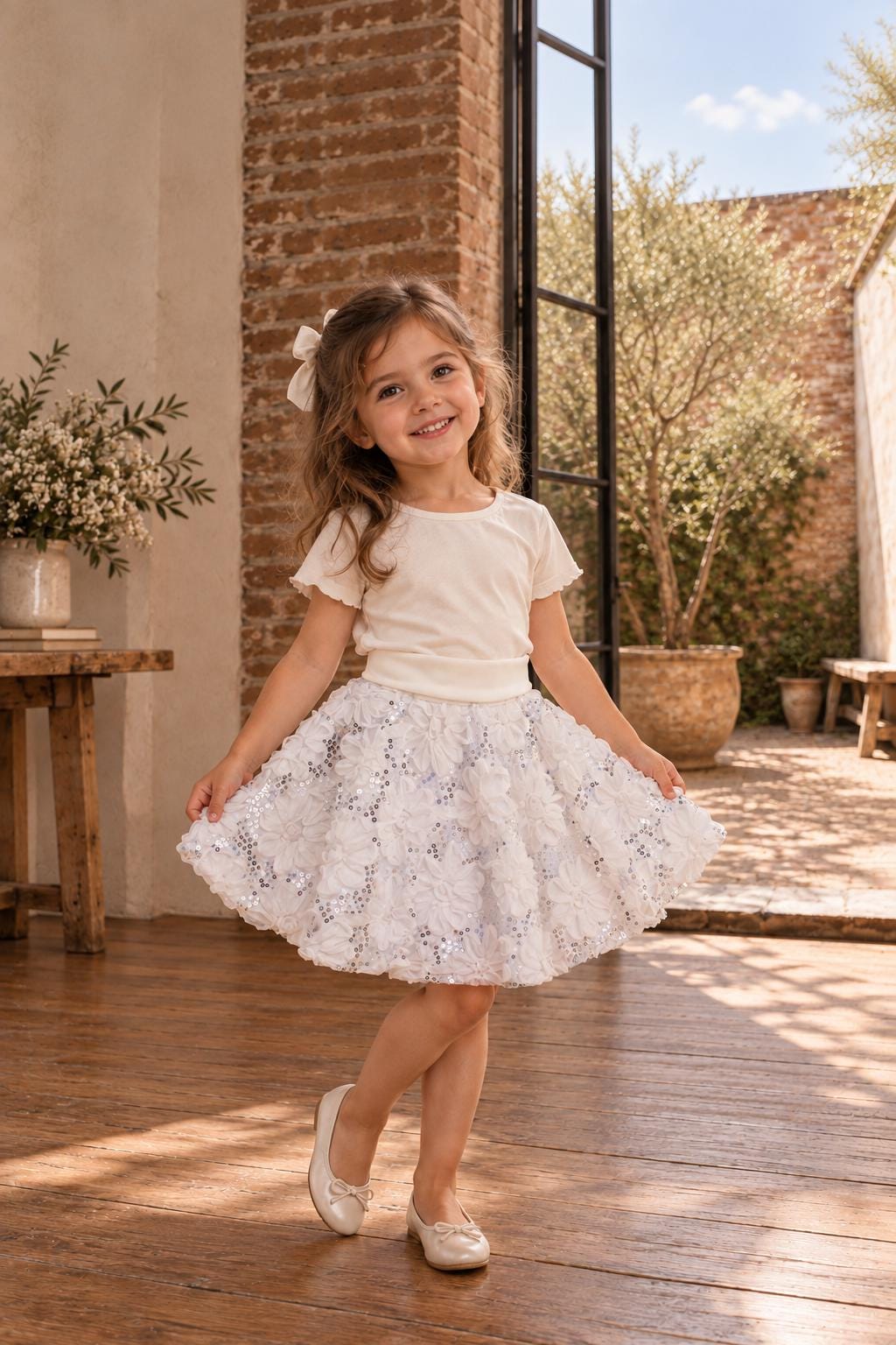 Frocks & Frolics Caitlin circle skirt sewing pattern – twirling white floral appliqué skirt with hair bow