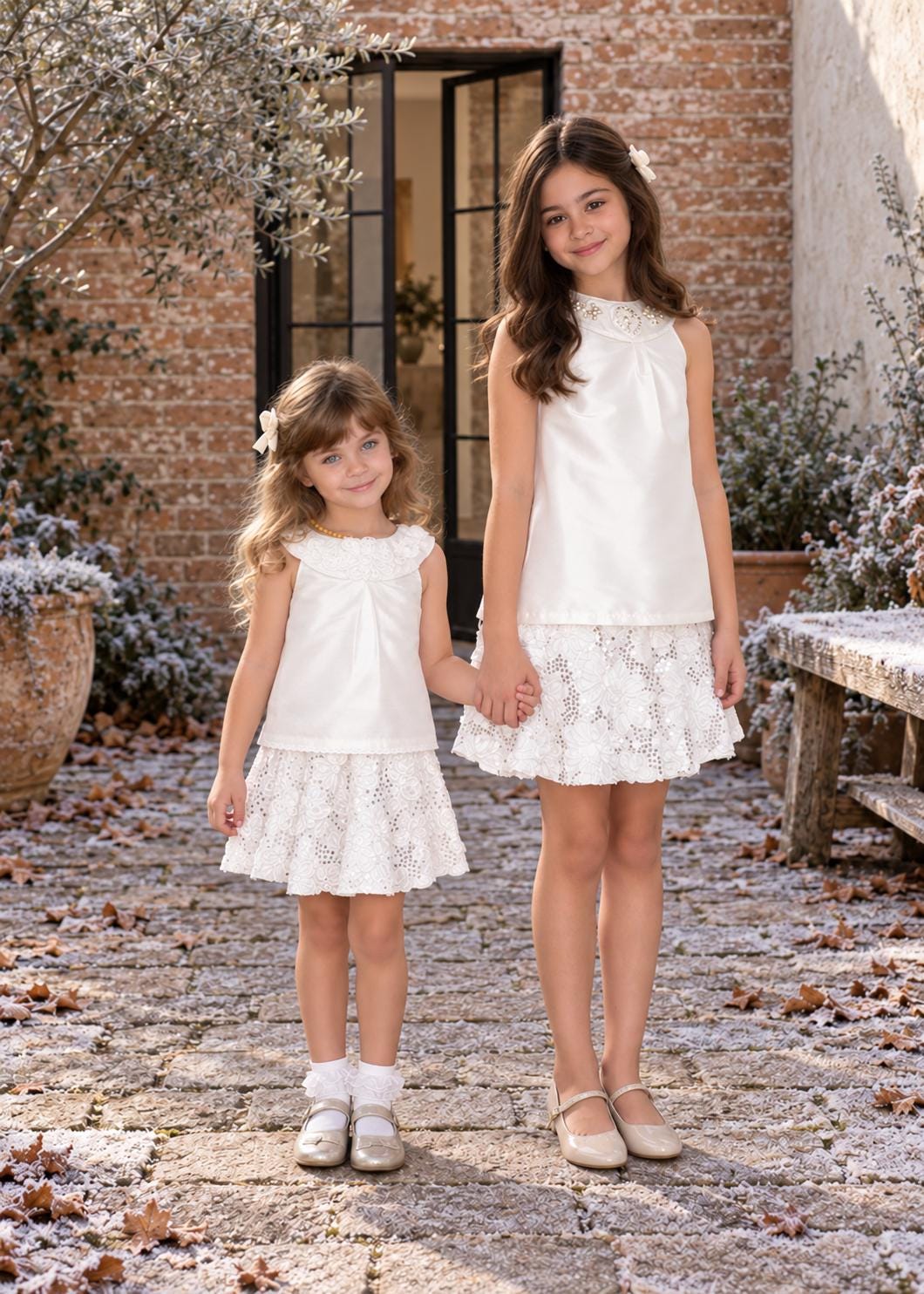 Frocks & Frolics Caitlin circle skirt sewing pattern – two white party outfits with lace skirts