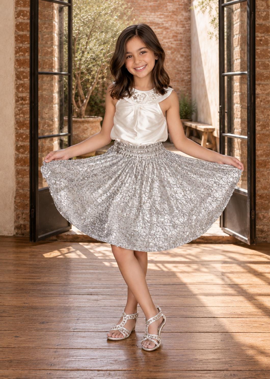 Frocks & Frolics Caitlin circle skirt sewing pattern – silver sequin skirt with white satin top
