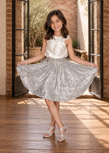 Frocks & Frolics Caitlin circle skirt sewing pattern – silver sequin skirt with white satin top