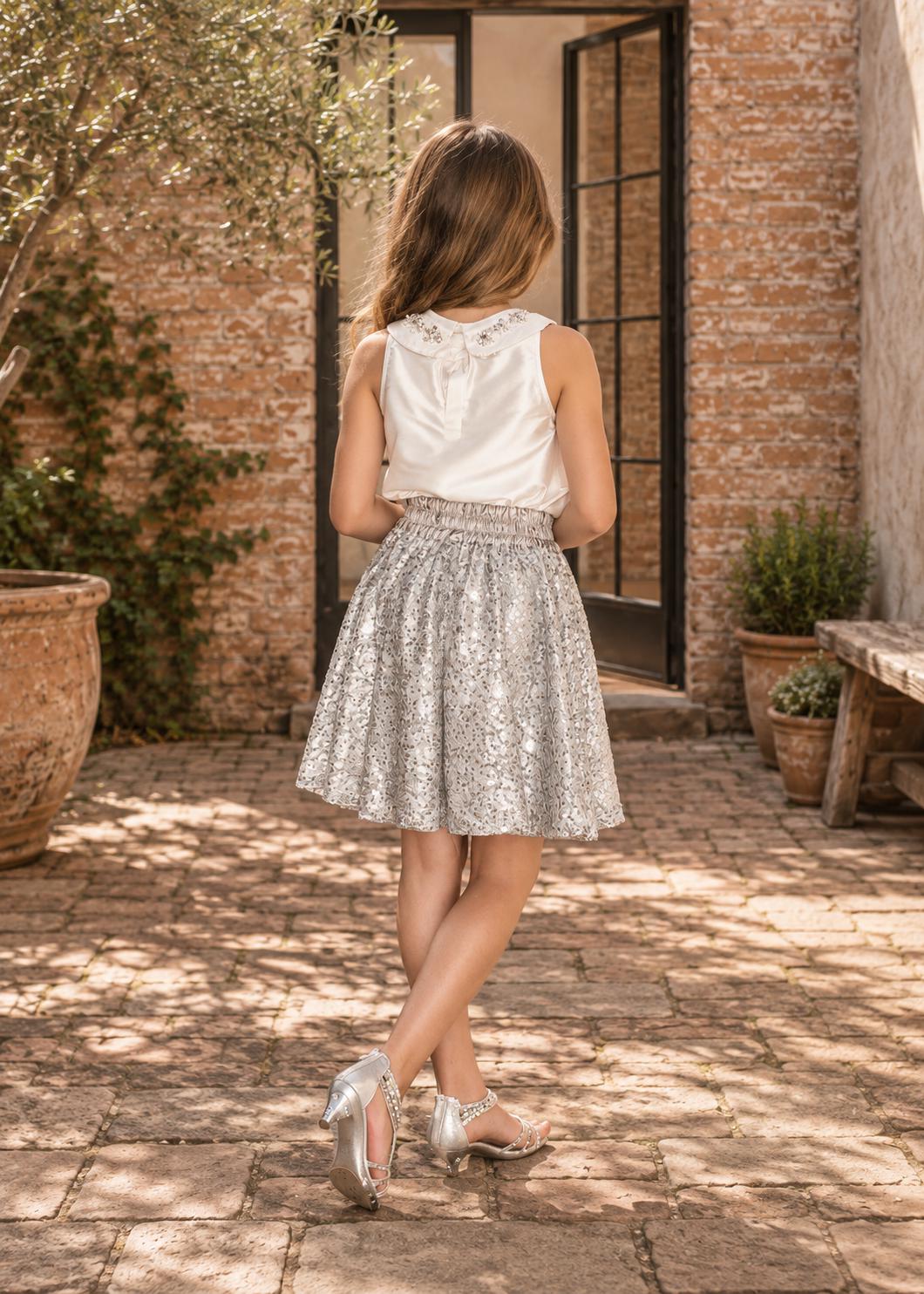Frocks & Frolics Caitlin circle skirt sewing pattern – silver sequin skirt with Peter Pan collar top