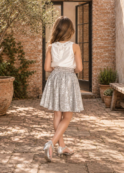 Frocks & Frolics Caitlin circle skirt sewing pattern – silver sequin skirt with Peter Pan collar top