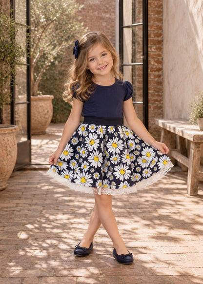Frocks & Frolics Caitlin circle skirt sewing pattern – navy daisy print skirt with lace hem
