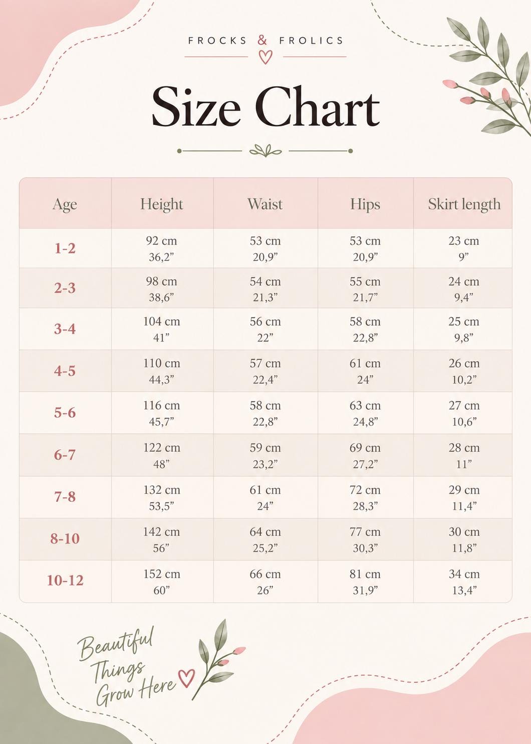 Frocks & Frolics Caitlin circle skirt sewing pattern size chart, ages 1–12