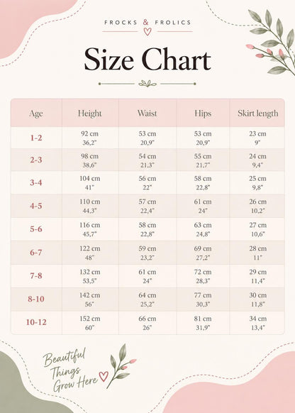 Frocks & Frolics Caitlin circle skirt sewing pattern size chart, ages 1–12