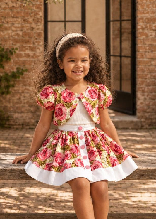Frocks & Frolics Classic Bolero sewing pattern – pink rose floral bolero jacket with matching skirt