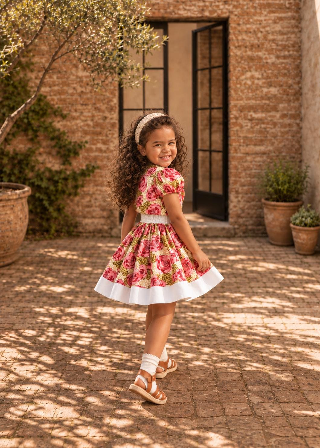 Frocks & Frolics Classic Bolero sewing pattern – full-length view of pink rose floral outfit with white trim