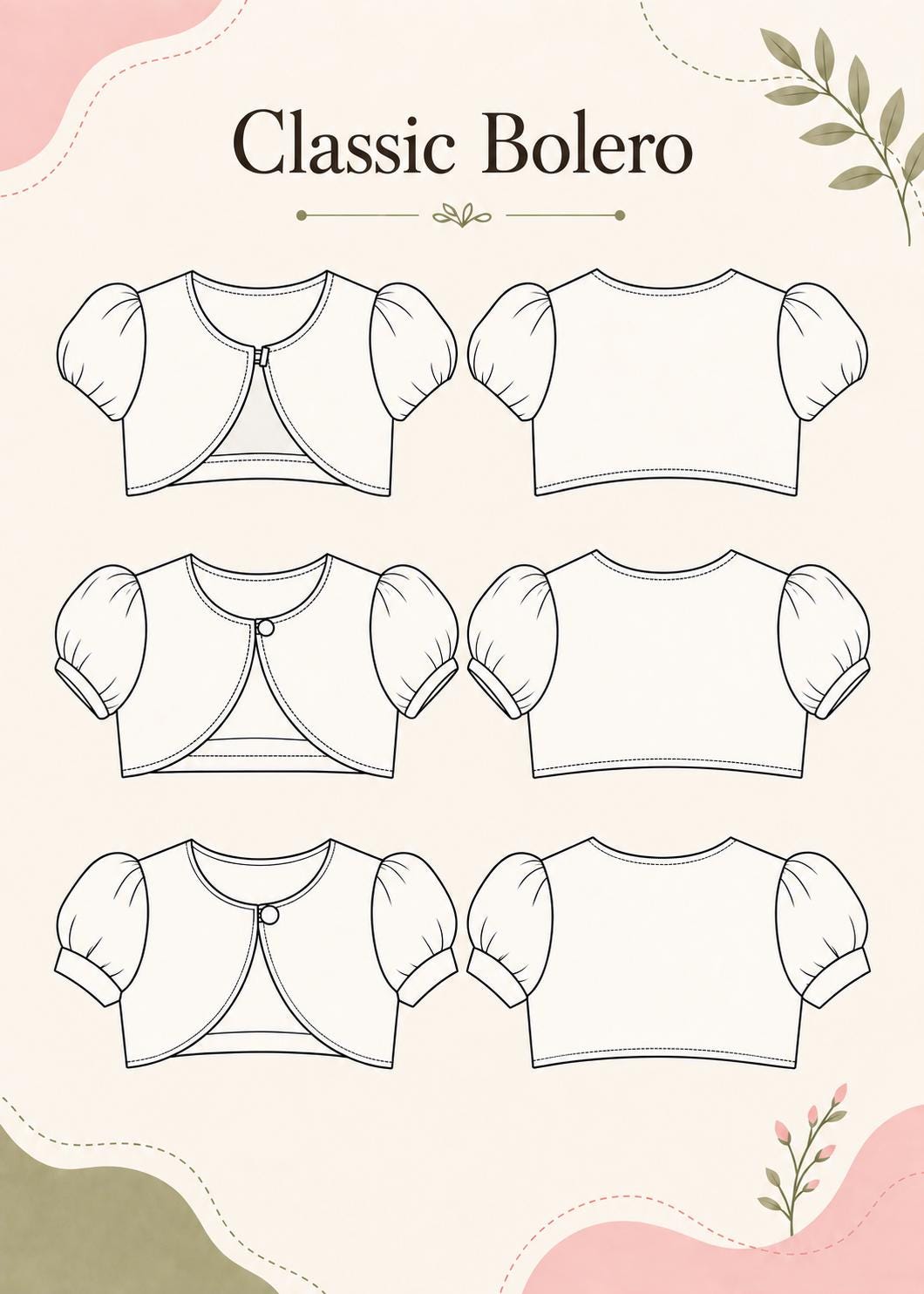 Frocks & Frolics Classic Bolero sewing pattern – technical drawing of the bolero jacket views