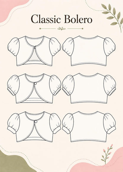 Frocks & Frolics Classic Bolero sewing pattern – technical drawing of the bolero jacket views