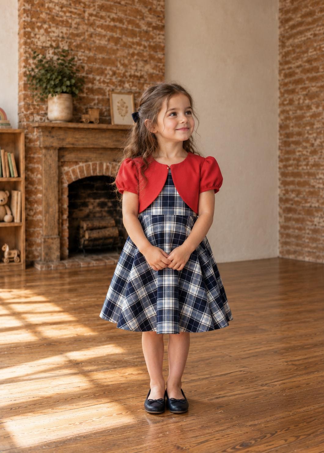 Frocks & Frolics Classic Bolero sewing pattern – red bolero jacket over navy plaid dress