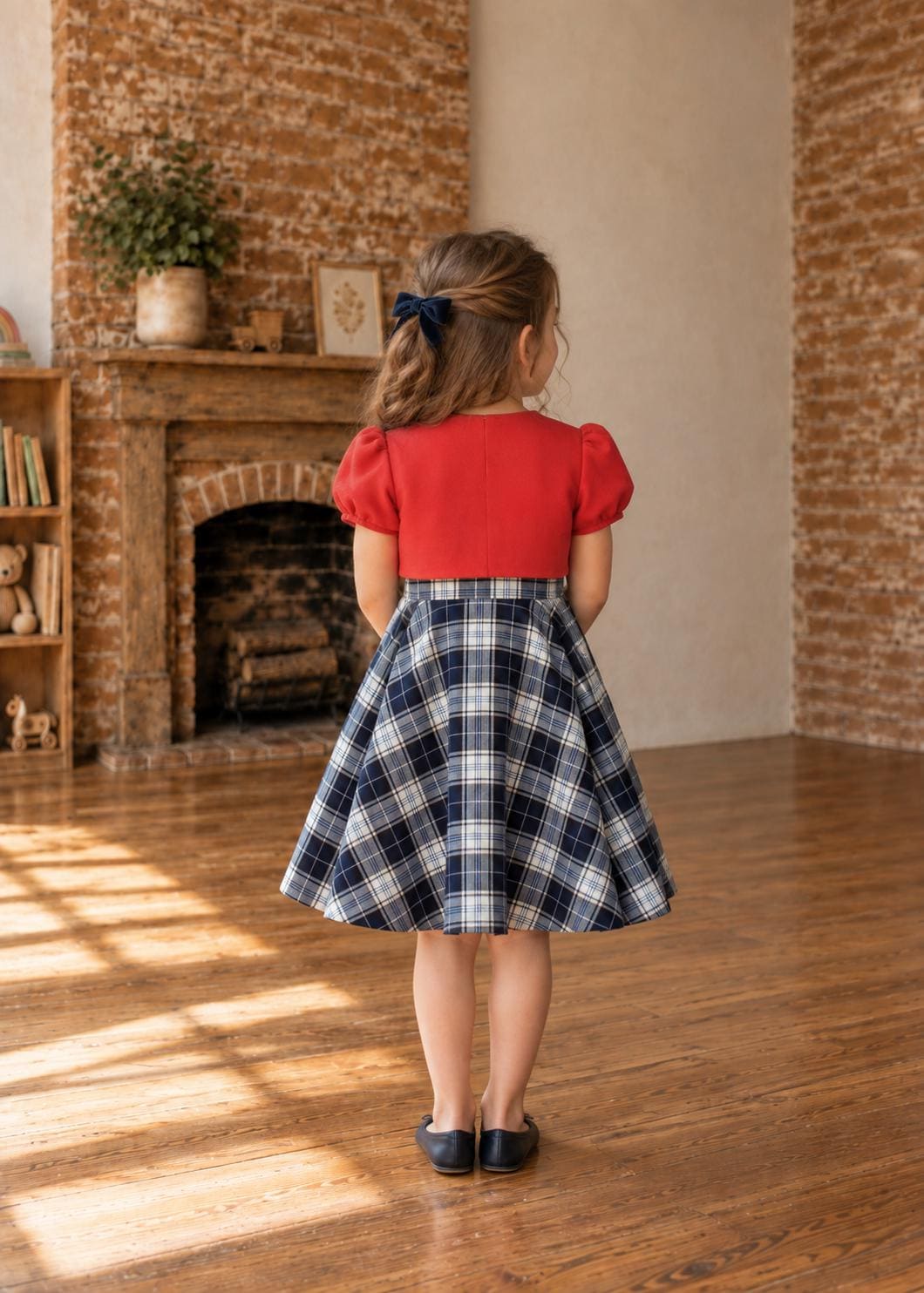 Frocks & Frolics Classic Bolero sewing pattern – back view of red puff sleeve bolero with navy plaid skirt