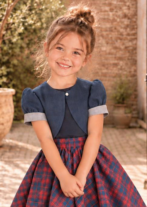Frocks & Frolics Classic Bolero sewing pattern – navy bolero jacket with grey cuffs and red plaid skirt