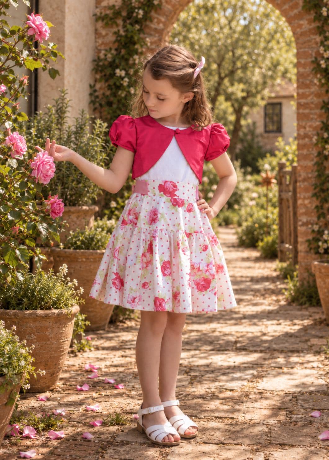 Frocks & Frolics Classic Bolero sewing pattern – dark pink bolero over white rose print tiered dress