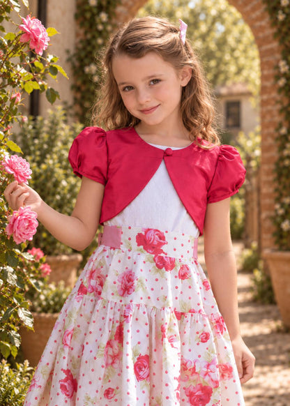 Frocks & Frolics Classic Bolero sewing pattern – dark pink bolero jacket with rose print tiered skirt