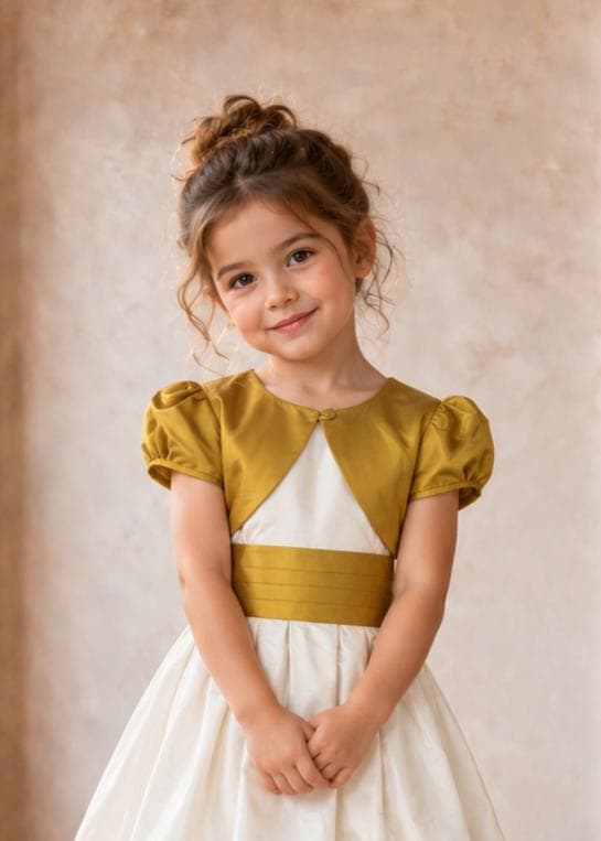 Frocks & Frolics Classic Bolero sewing pattern – mustard satin bolero with single button over cream party dress
