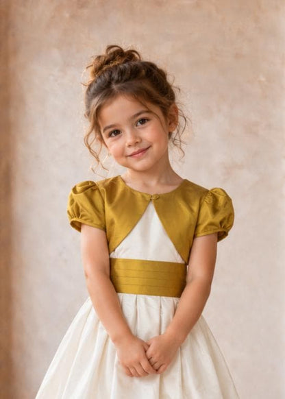 Frocks & Frolics Classic Bolero sewing pattern – mustard satin bolero with single button over cream party dress
