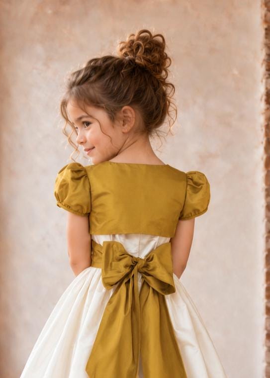 Frocks & Frolics Classic Bolero sewing pattern – back view of mustard bolero with large sash bow