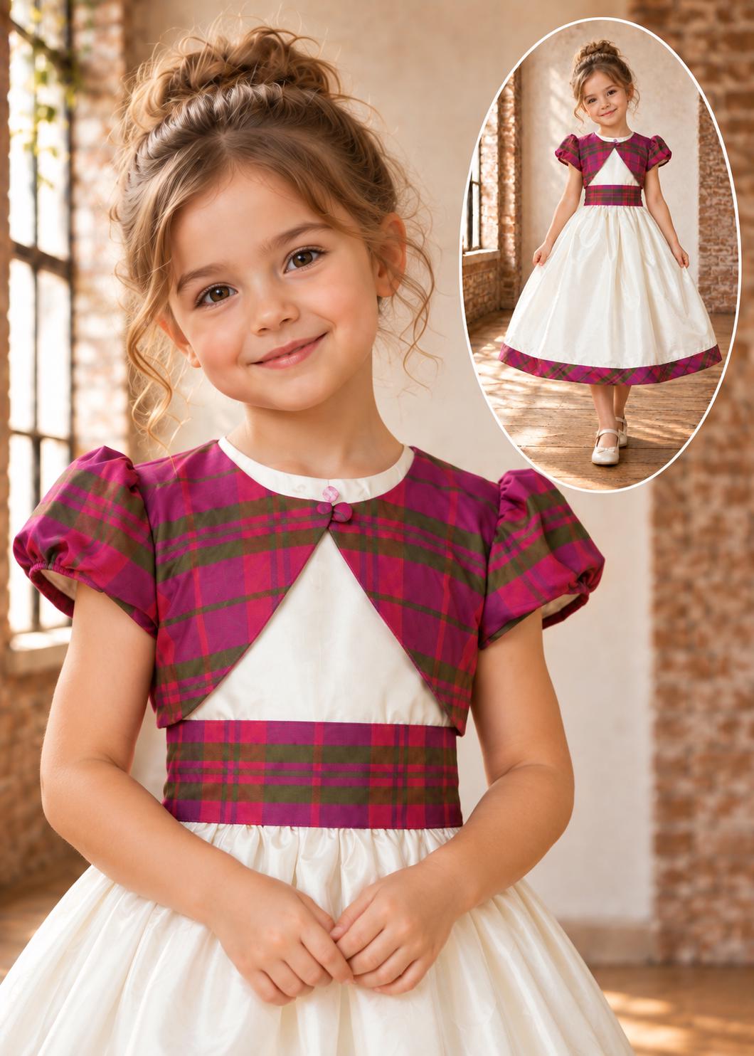 Frocks & Frolics Classic Bolero sewing pattern – magenta and olive plaid bolero with cream dress