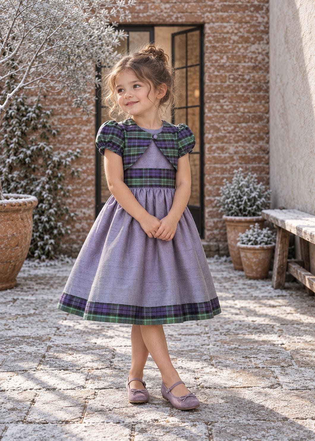 Frocks & Frolics Classic Bolero sewing pattern – lavender dress with purple and green plaid bolero jacket