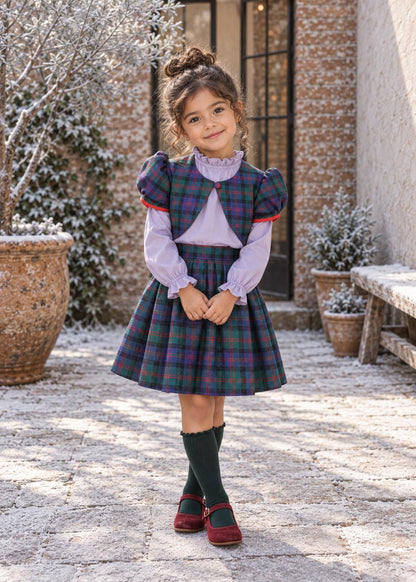 Frocks & Frolics Classic Bolero sewing pattern – green tartan bolero and skirt over lavender ruffle blouse