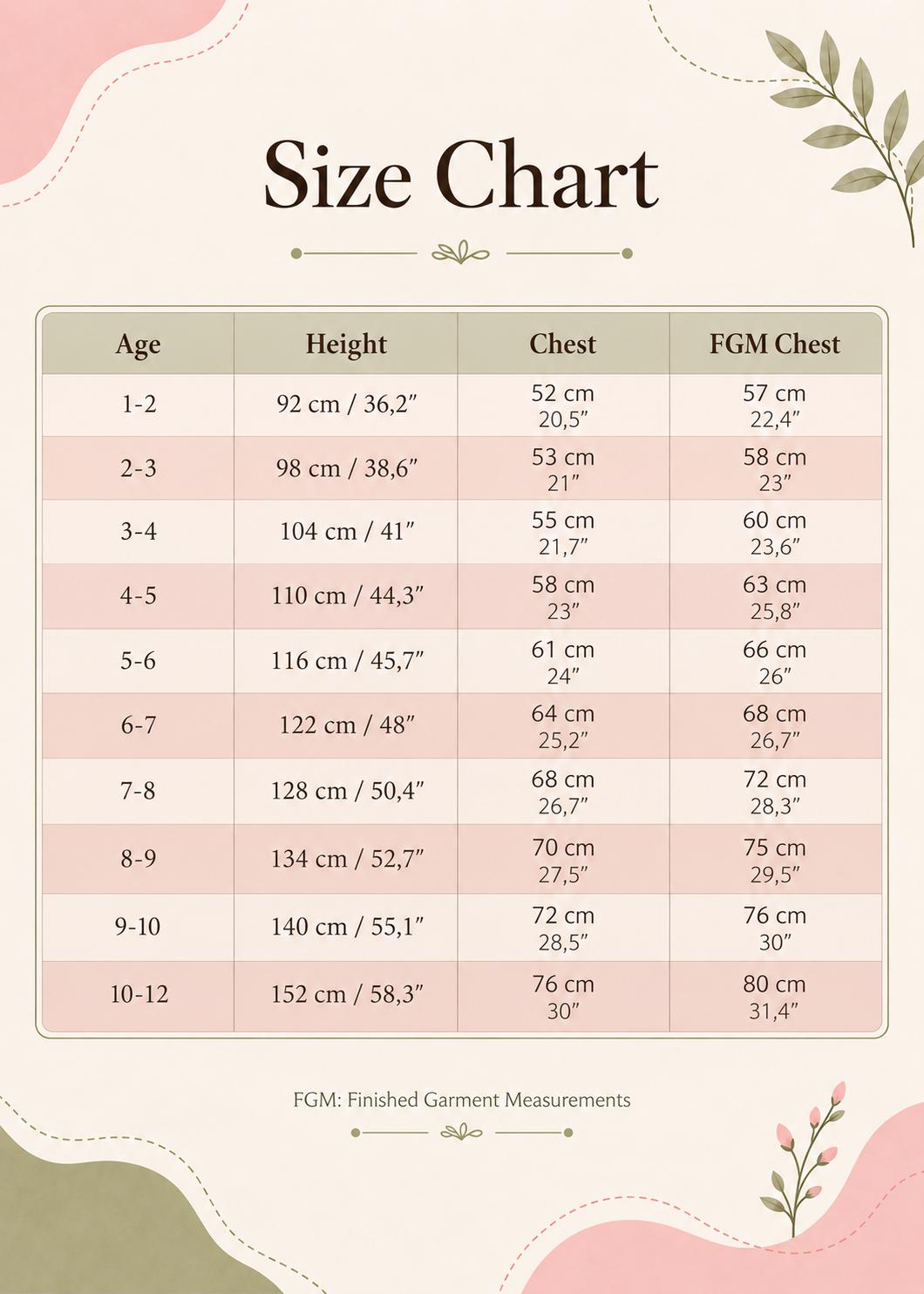 Frocks & Frolics Classic Bolero sewing pattern size chart, ages 1–12