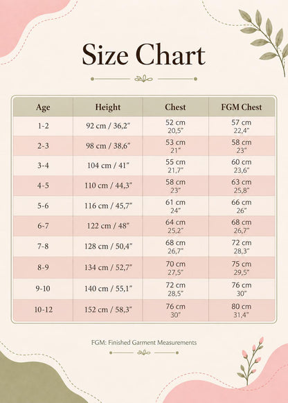 Frocks & Frolics Classic Bolero sewing pattern size chart, ages 1–12