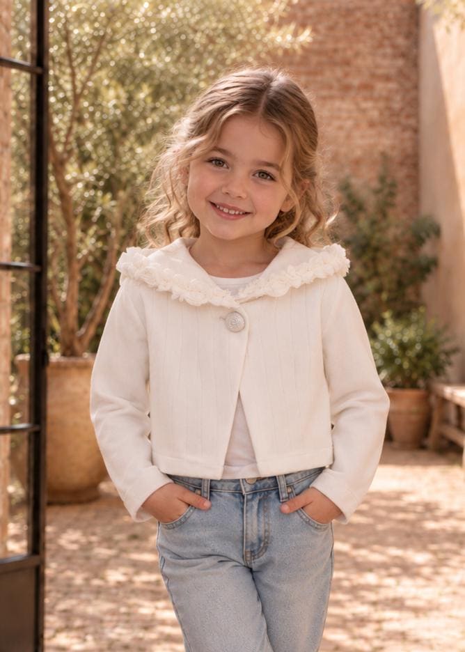 Frocks & Frolics Joanna cardigan sewing pattern – cream cropped cardigan with ruffle collar and single button