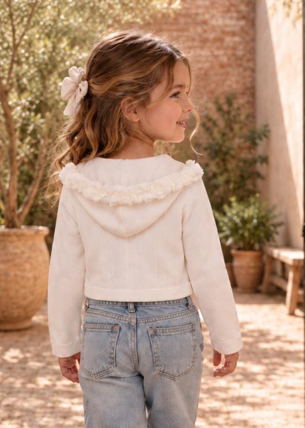 Frocks & Frolics Joanna cardigan sewing pattern – white hooded cardigan with fabric rose trim
