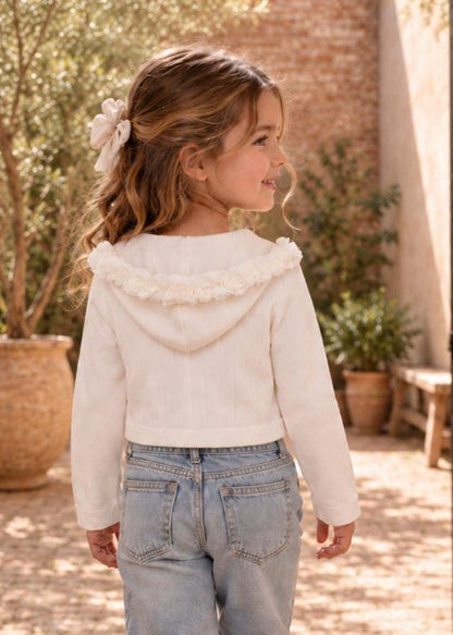 Frocks & Frolics Joanna cardigan sewing pattern – white hooded cardigan with fabric rose trim