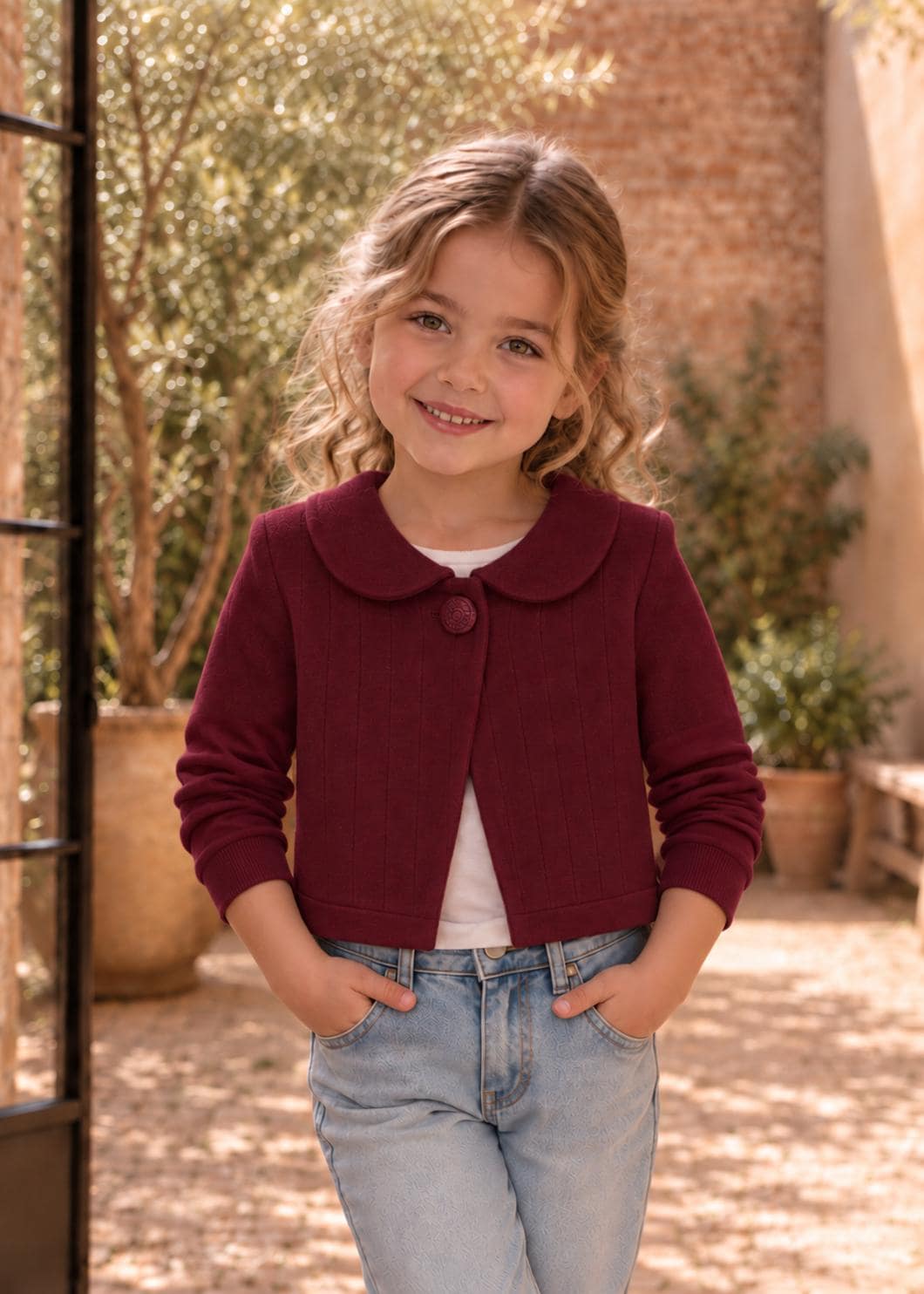 Frocks & Frolics Joanna cardigan sewing pattern – burgundy cropped cardigan with Peter Pan collar