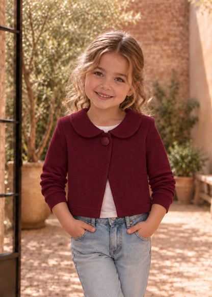 Frocks & Frolics Joanna cardigan sewing pattern – burgundy cropped cardigan with Peter Pan collar