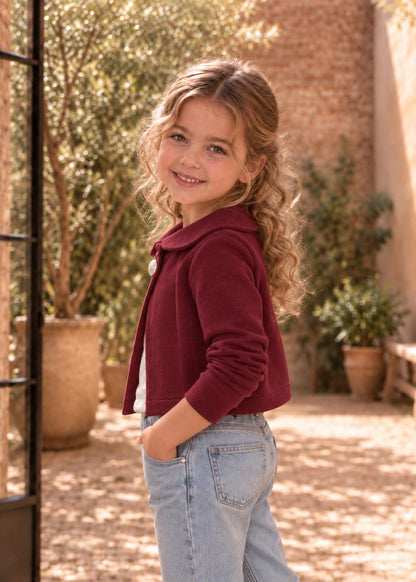 Frocks & Frolics Joanna cardigan sewing pattern – side view of burgundy collared cardigan with jeans