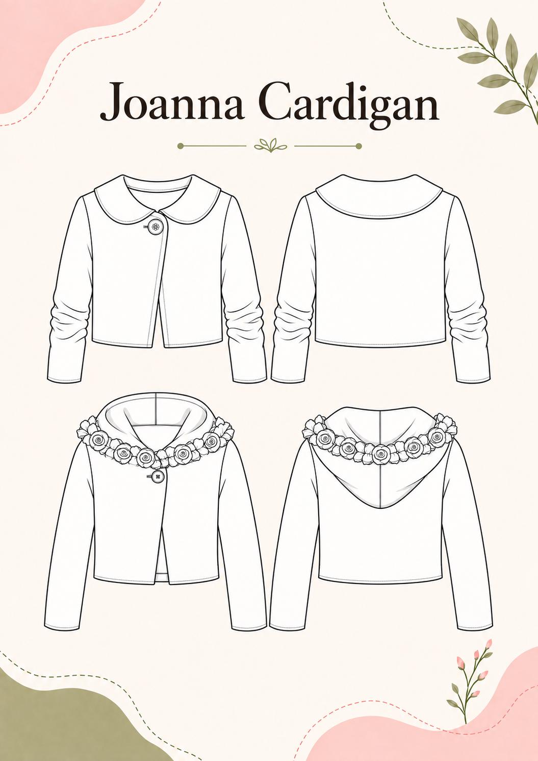 Frocks & Frolics Joanna cardigan sewing pattern – technical drawing of collared and hooded versions