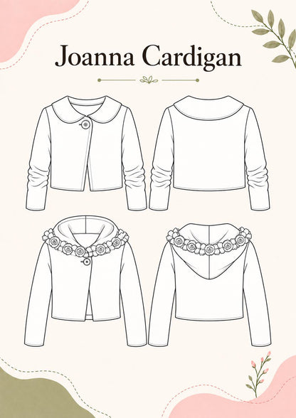 Frocks & Frolics Joanna cardigan sewing pattern – technical drawing of collared and hooded versions