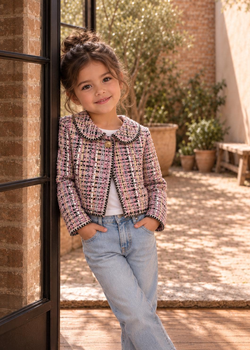 Frocks & Frolics Joanna cardigan sewing pattern – pink and black tweed cropped cardigan with gold button