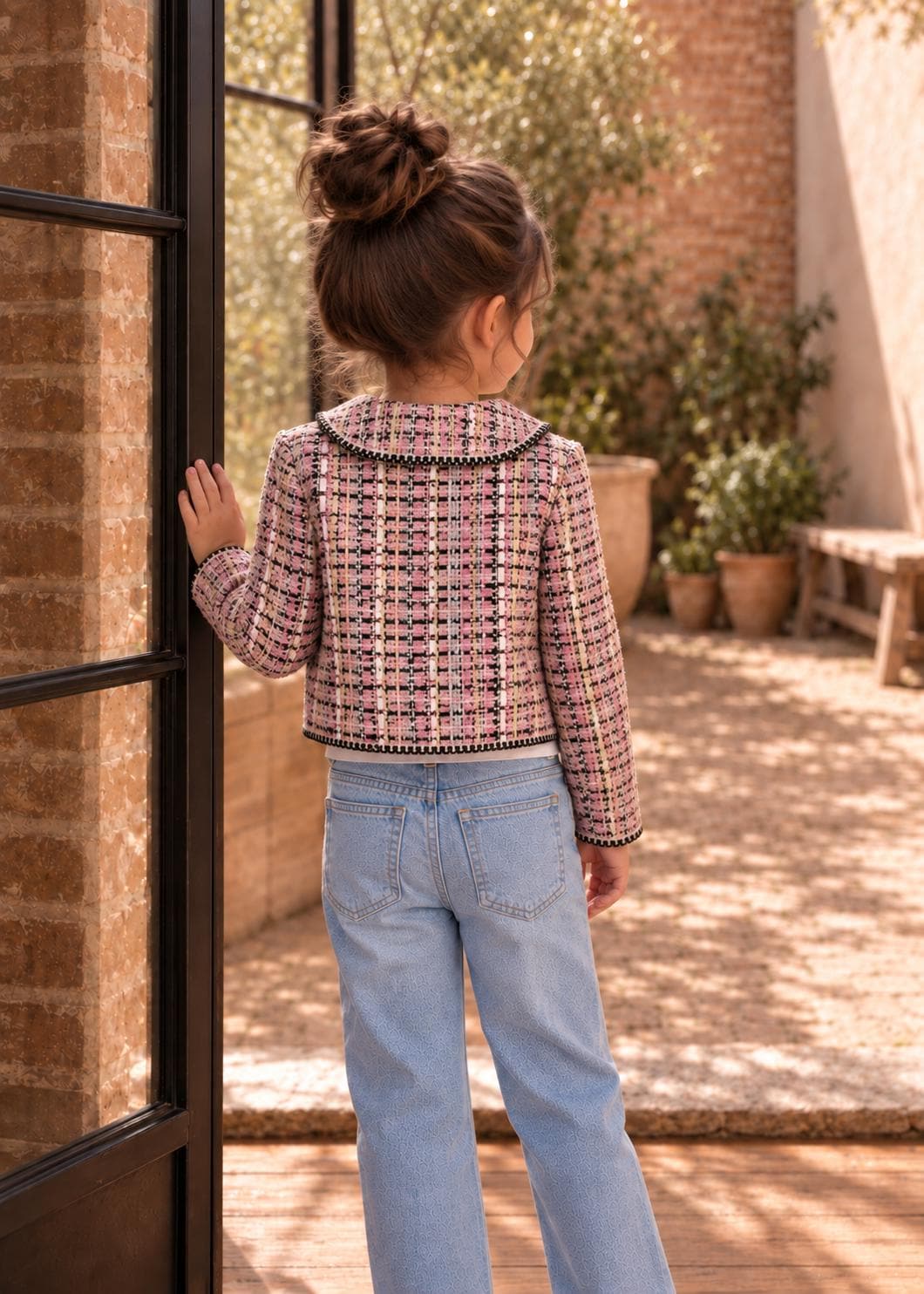 Frocks & Frolics Joanna cardigan sewing pattern – back view of pink tweed cardigan