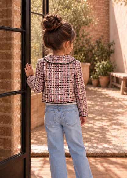 Frocks & Frolics Joanna cardigan sewing pattern – back view of pink tweed cardigan