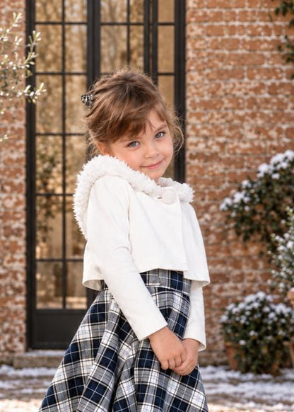 Frocks & Frolics Joanna cardigan sewing pattern – white hooded cardigan with fluffy hood trim and plaid skirt