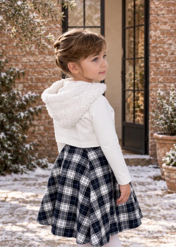 Frocks & Frolics Joanna cardigan sewing pattern – white sherpa-trim hooded cardigan with navy plaid skirt