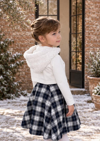 Frocks & Frolics Joanna cardigan sewing pattern – white sherpa-trim hooded cardigan with navy plaid skirt