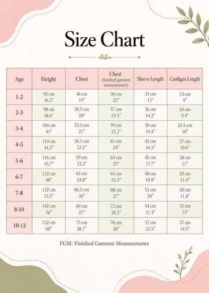 Frocks & Frolics Joanna cardigan sewing pattern size chart, ages 1–12