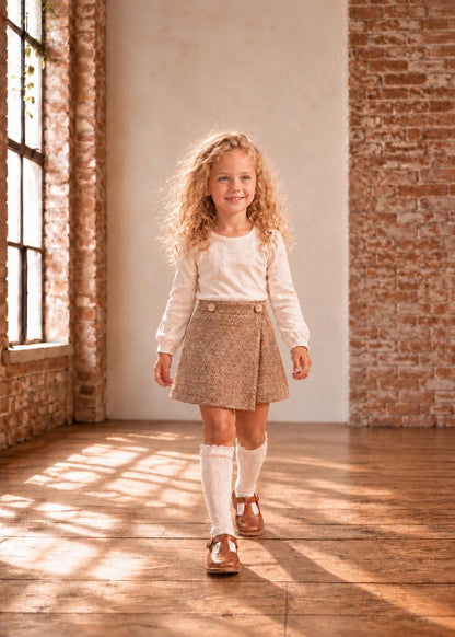 Frocks & Frolics Jutta wrap skirt sewing pattern – brown tweed wrap skirt with two buttons