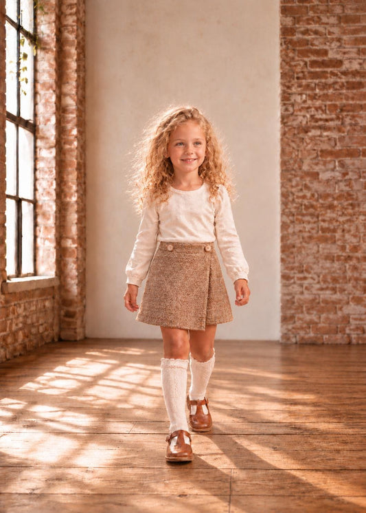Frocks & Frolics Jutta wrap skirt sewing pattern – brown tweed wrap skirt with two buttons