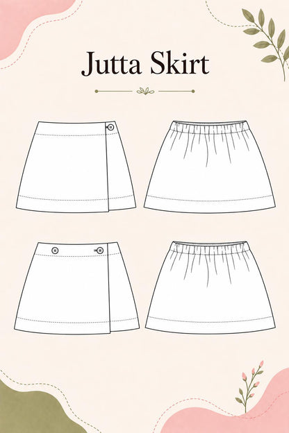 Frocks & Frolics Jutta skirt sewing pattern – technical drawing of wrap and elastic waist versions